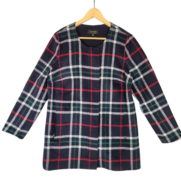 Talbots Wool‎ Coat Jacket Womens M Navy Plaid Zip Front Preppy Classic - Picture 1 of 8